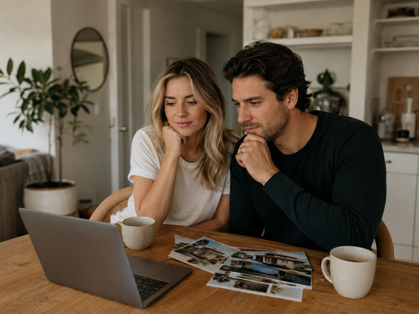 A couple at home over coffee, looking at the home they actually want